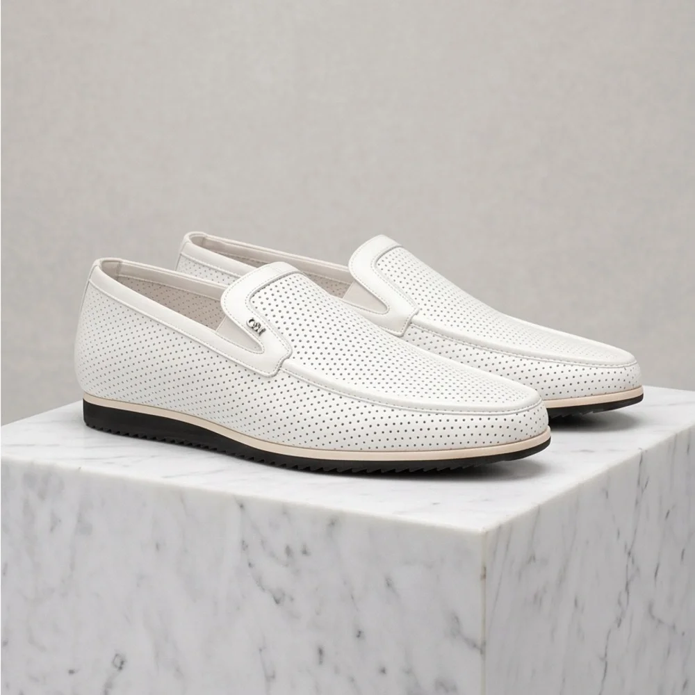 Goodman Men's White Perforated Slip-On Comfort Soft Leather Summer Loafers